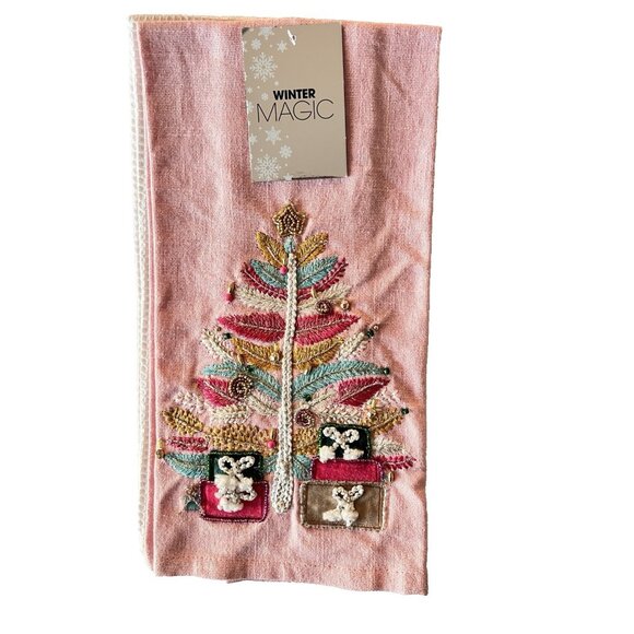 CHRISTMAS PINK Kitchen Towel Set of 2 Embroidered BEADED Detailed HOSTESS GIFT - Picture 6 of 12